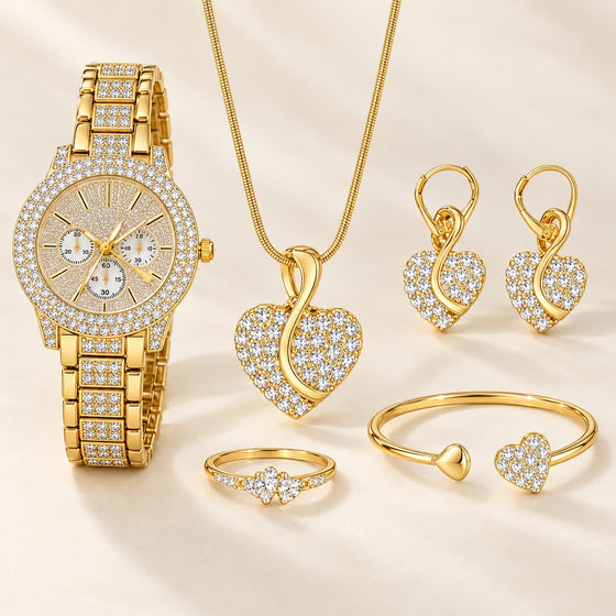 Goldenes iced out Damen Set mit Uhr und Herz-Schmuck