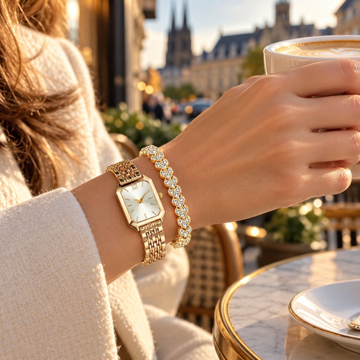 Eckige Damenuhr und Strass-Armband am Handgelenk beim Kaffee