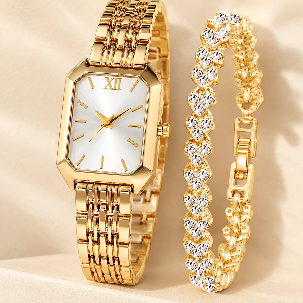 Eckige Damenuhr mit Strass-Armband: Nahaufnahme von Zifferblatt und Lünette