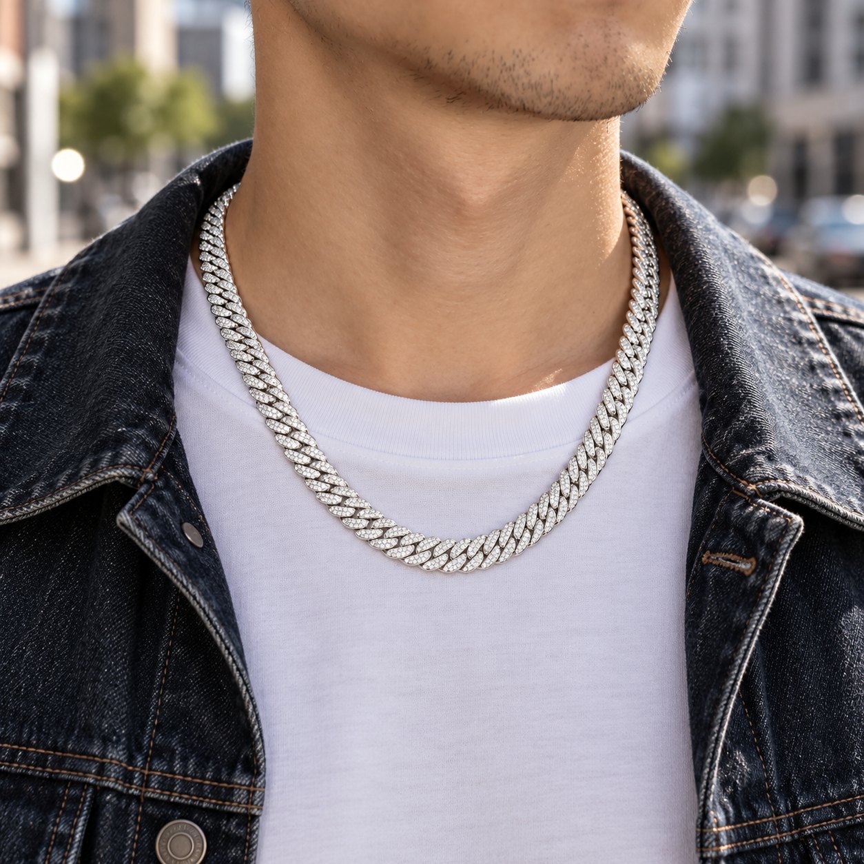 Silberne Cuban Kette mit zwei Steinreihen über einem weißen T-Shirt
