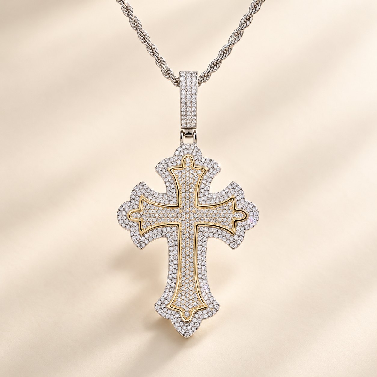 Großes iced out Kreuz Bicolor Silber-Gold mit Rope Kette