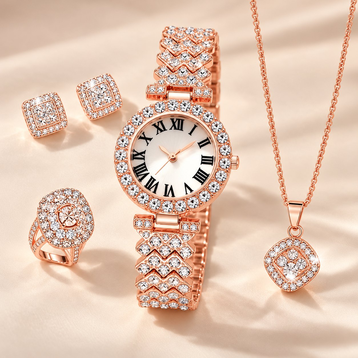 Iced out Uhr Damen Set 5-teilig: in Roségold