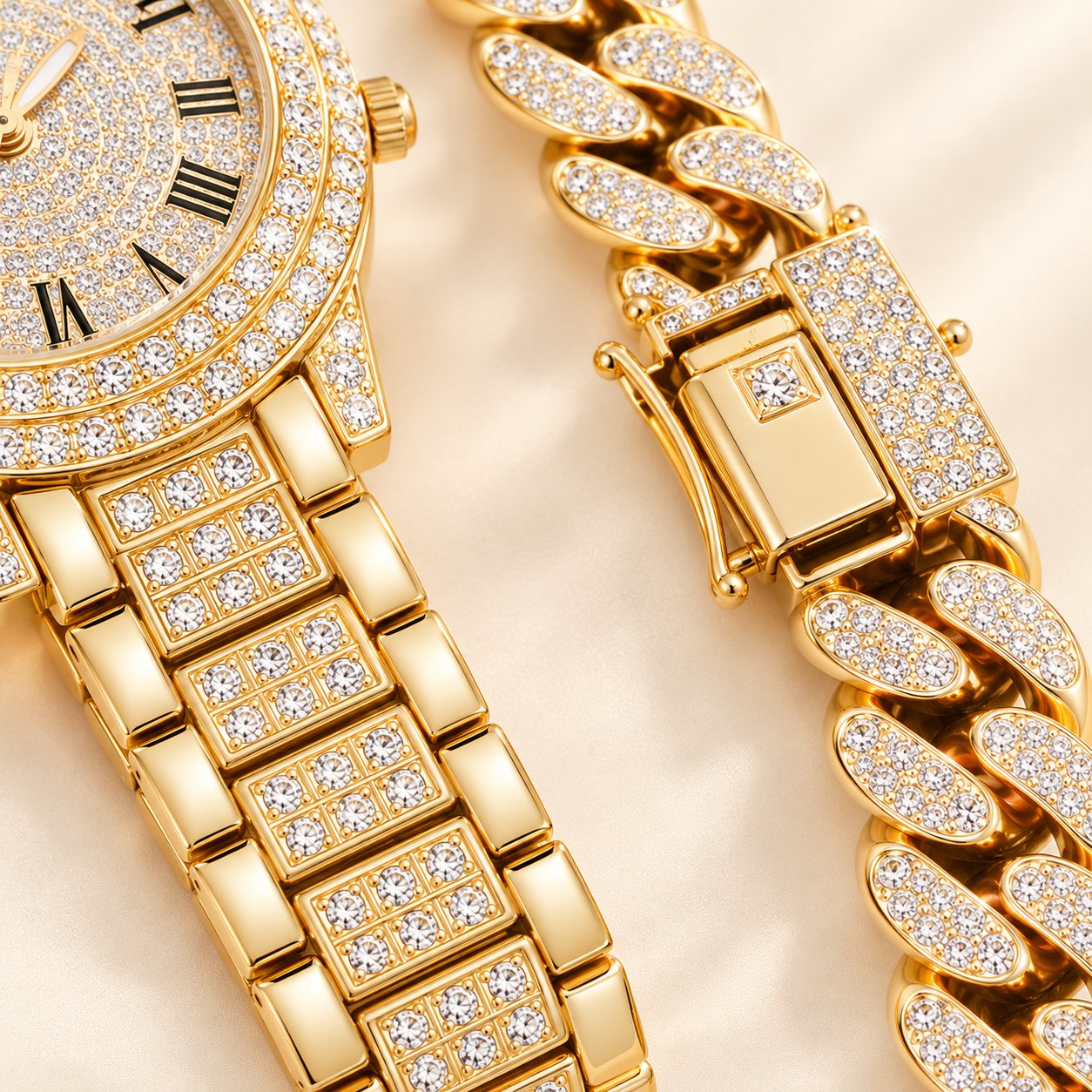 Iced out Damenuhr mit Cuban Armband: Nahaufnahme von Armband und Verschluss