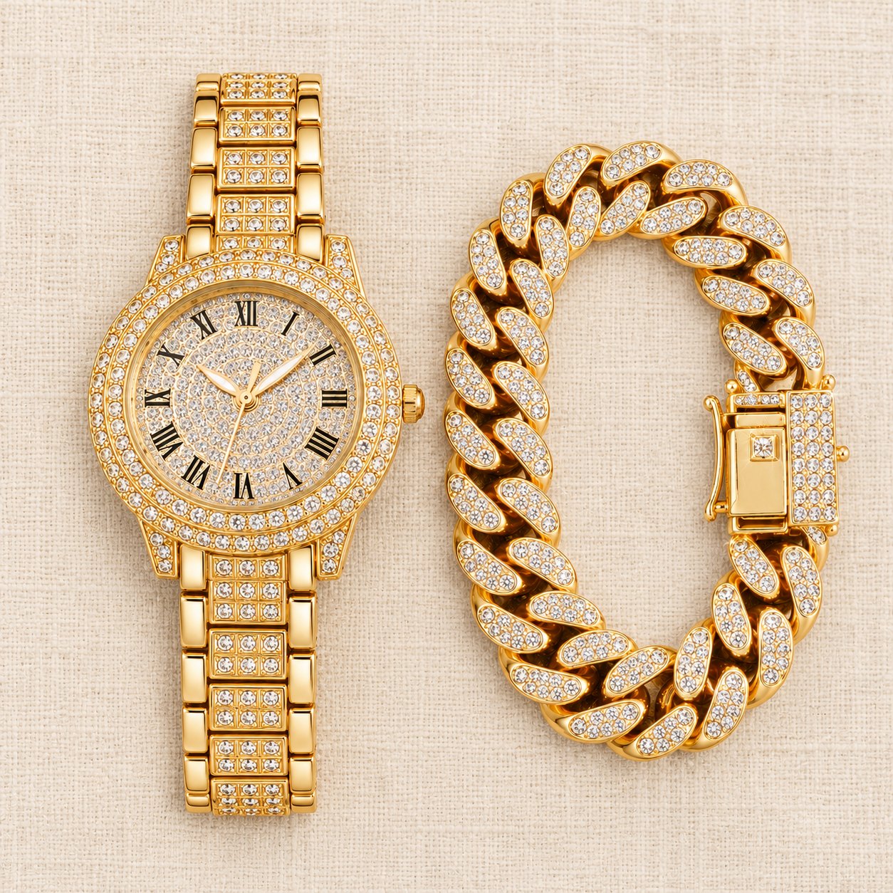 Iced out Damenuhr mit Cuban Armband: alle Teile des Sets im Überblick