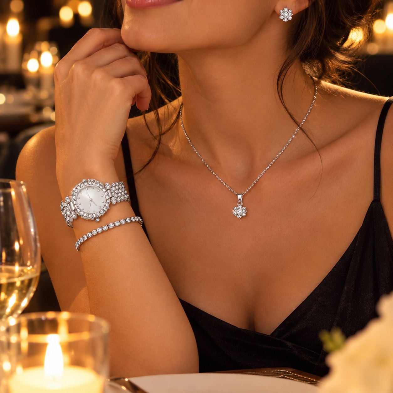 Frau trägt das silberne Uhr-Set beim Abendessen