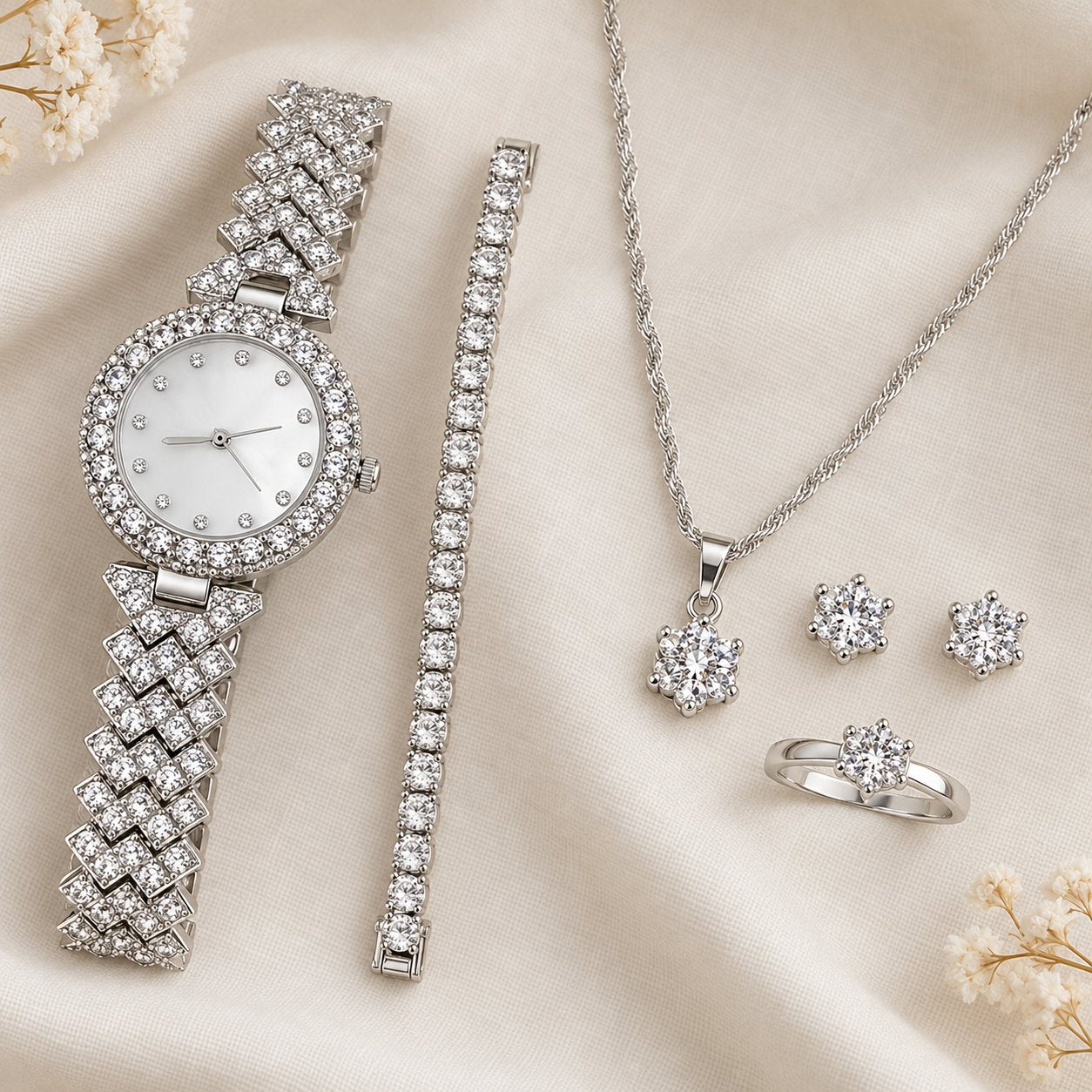 Iced out Uhr Damen Set Silber 6-teilig: alle Teile des Sets im Überblick