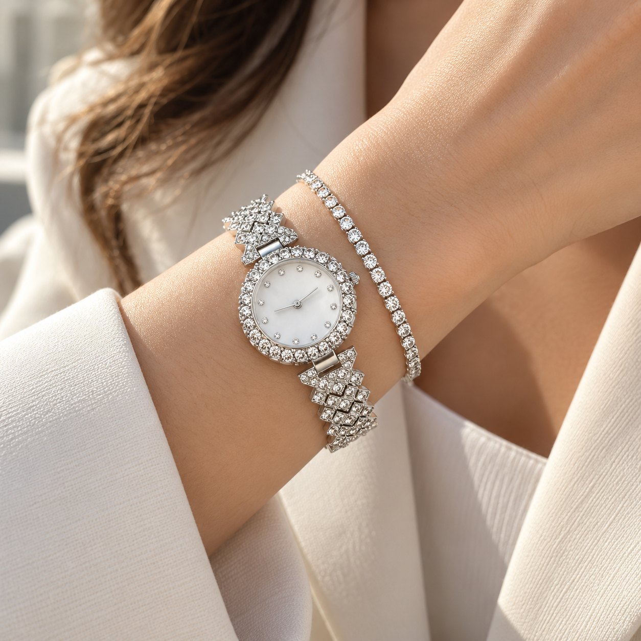 Iced out Uhr Damen Set Silber 6-teilig: am Handgelenk getragen, Größe im Vergleich