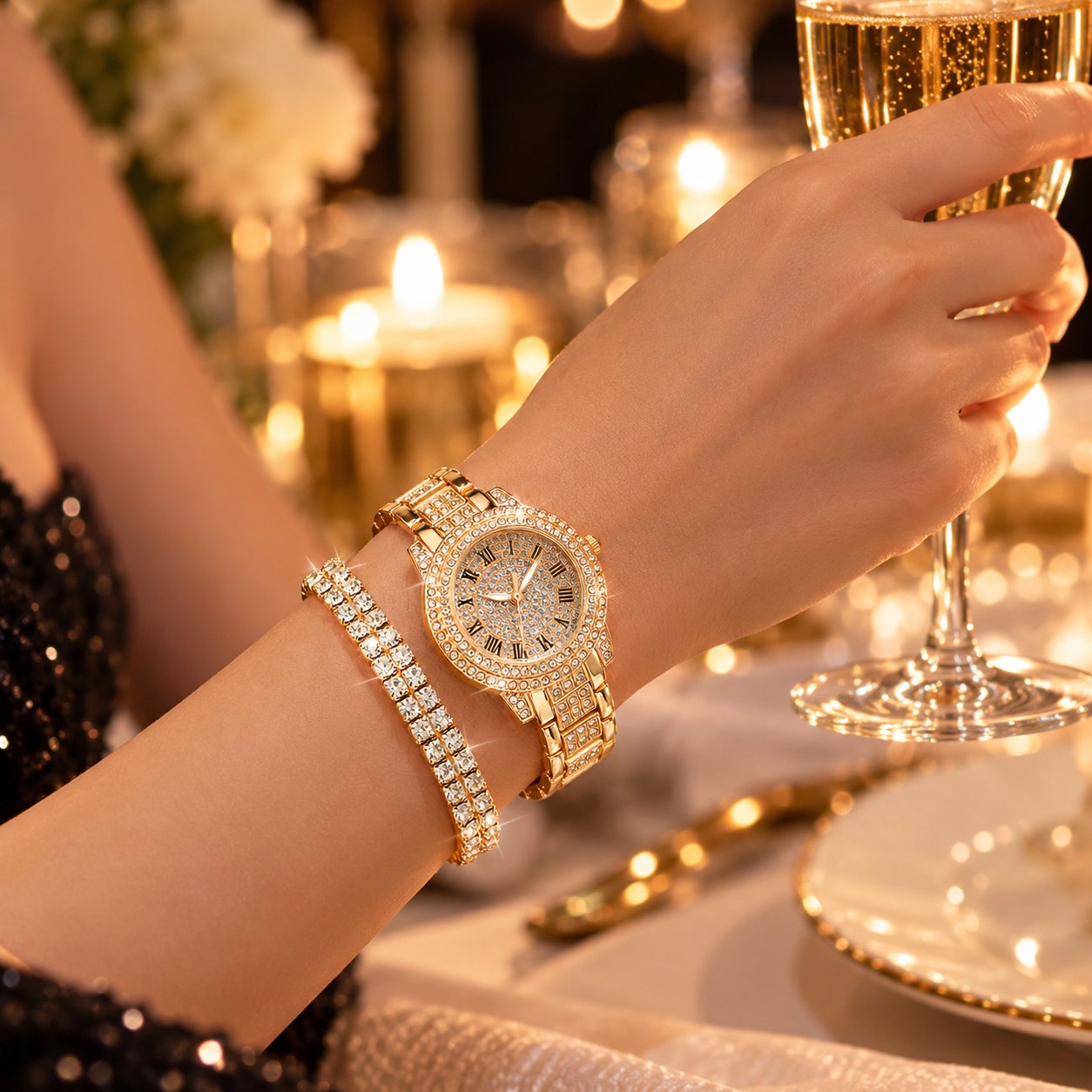 Goldene iced out Damenuhr mit Tennisarmband am Handgelenk