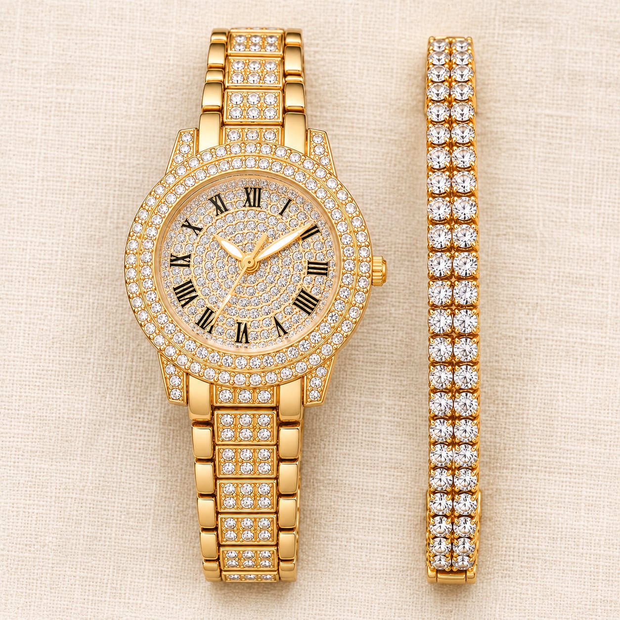 Iced out Damenuhr mit Tennisarmband: alle Teile des Sets im Überblick
