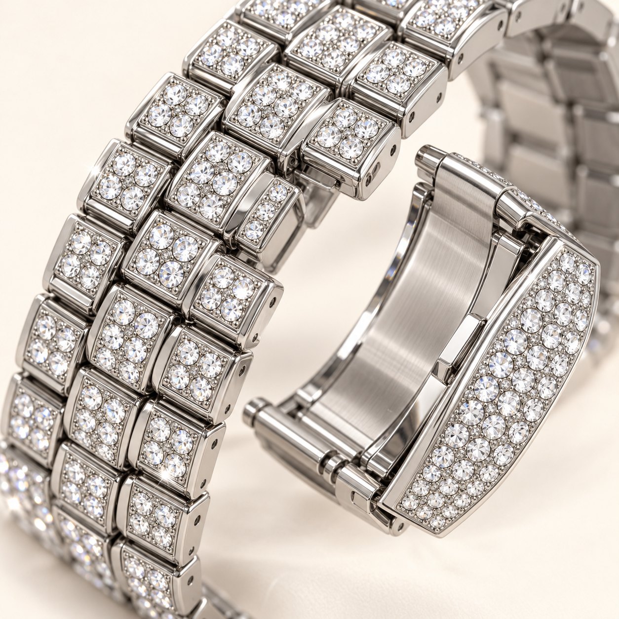 Iced out Uhr mit blauem Zifferblatt: Nahaufnahme von Armband und Verschluss