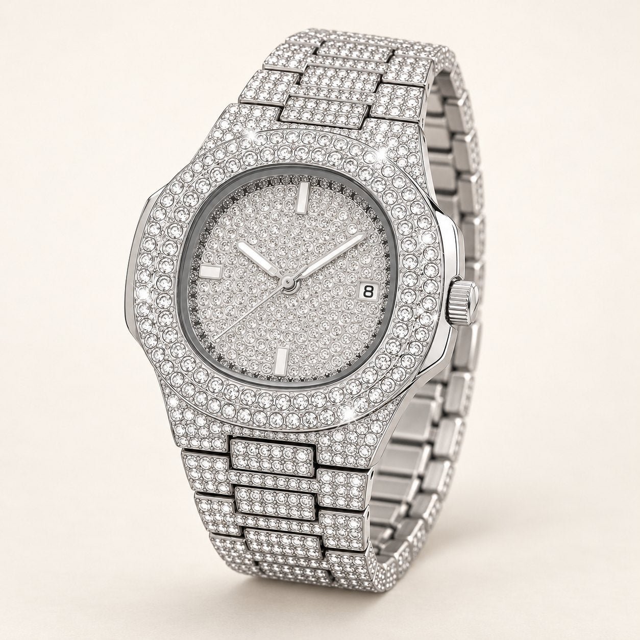Eckige iced out Uhr Herren in Silber, Kissenform mit Datum