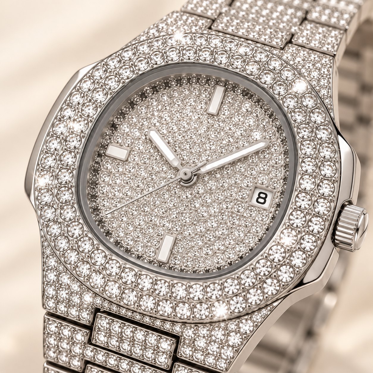 Eckige iced out Uhr: Nahaufnahme von Zifferblatt und Lünette