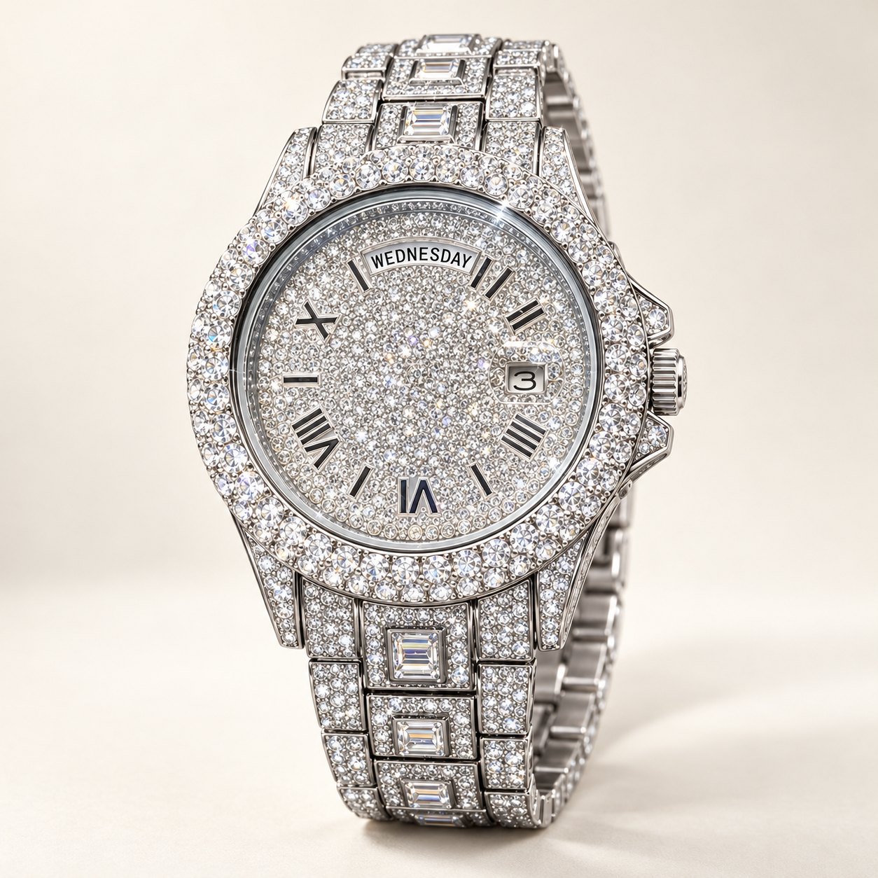 Iced out Uhr Herren aus Edelstahl, voll mit Zirkonia besetzt, 42 mm, Silber