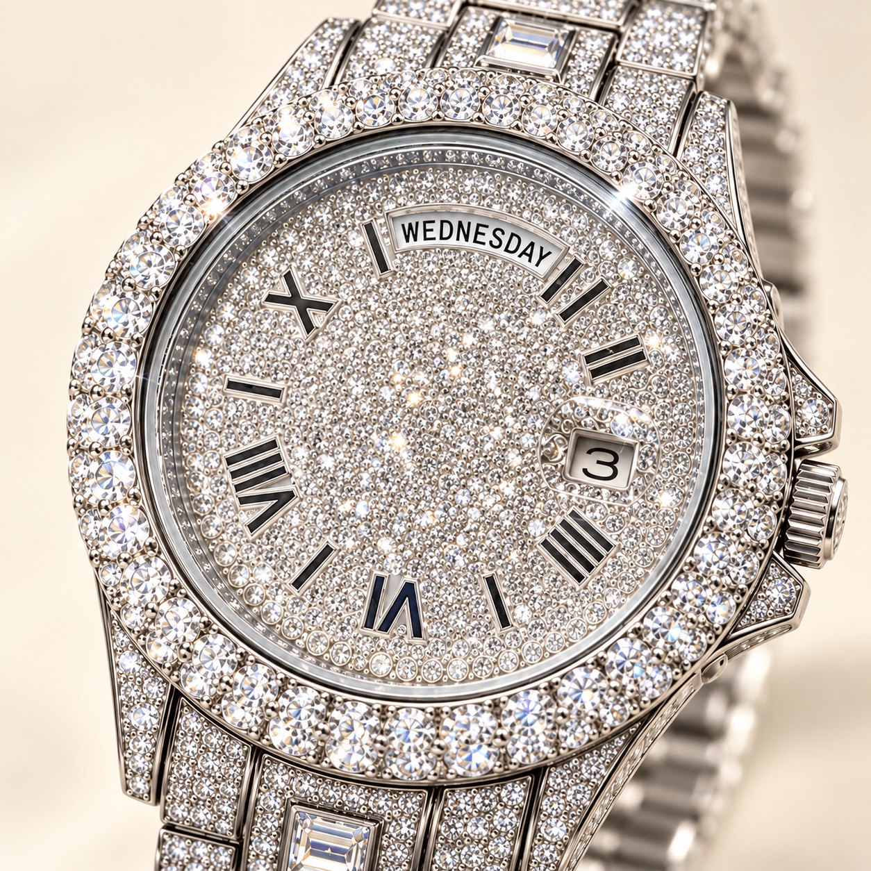 Iced out Herrenuhr aus Edelstahl: Nahaufnahme von Zifferblatt und Lünette