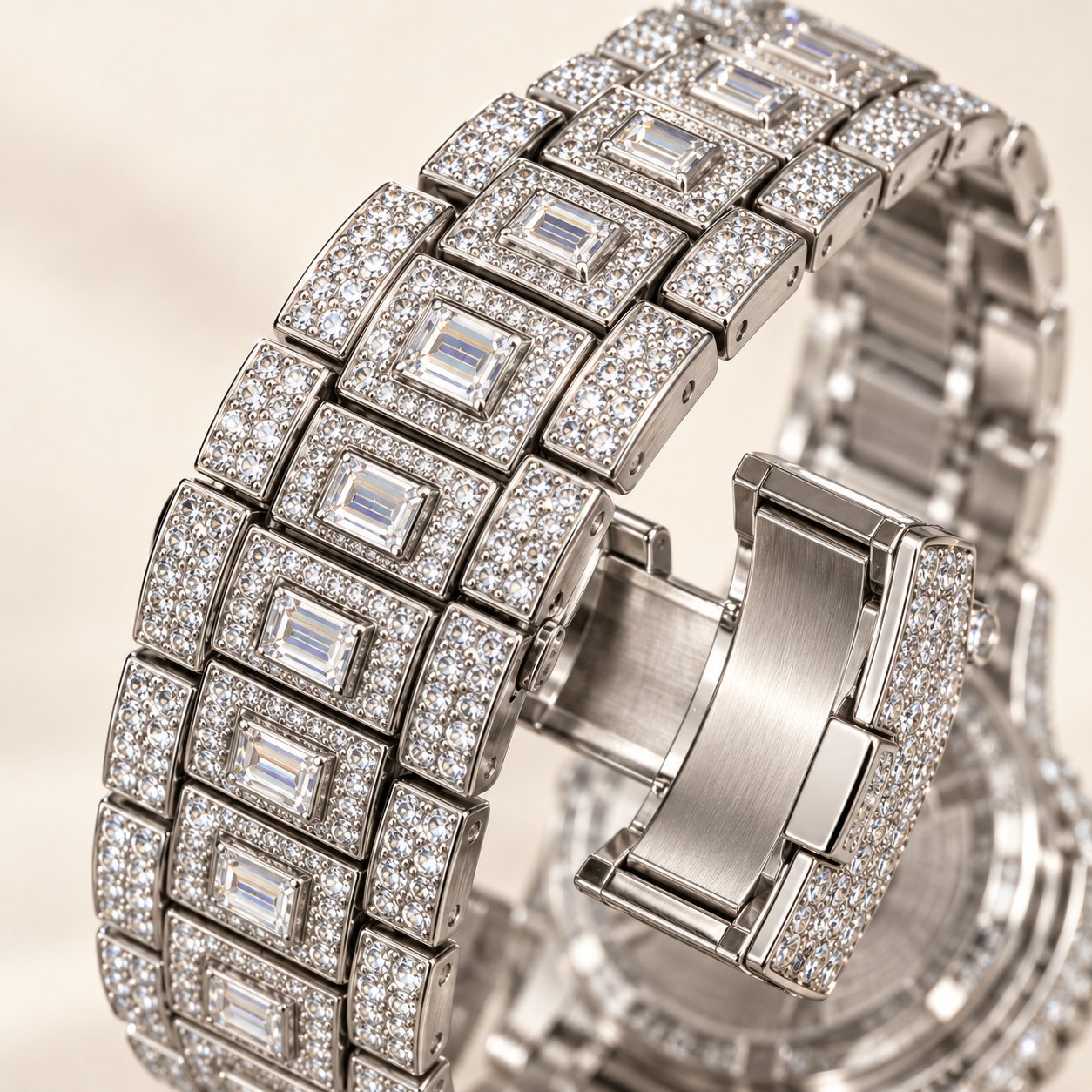 Iced out Herrenuhr aus Edelstahl: Nahaufnahme von Armband und Verschluss
