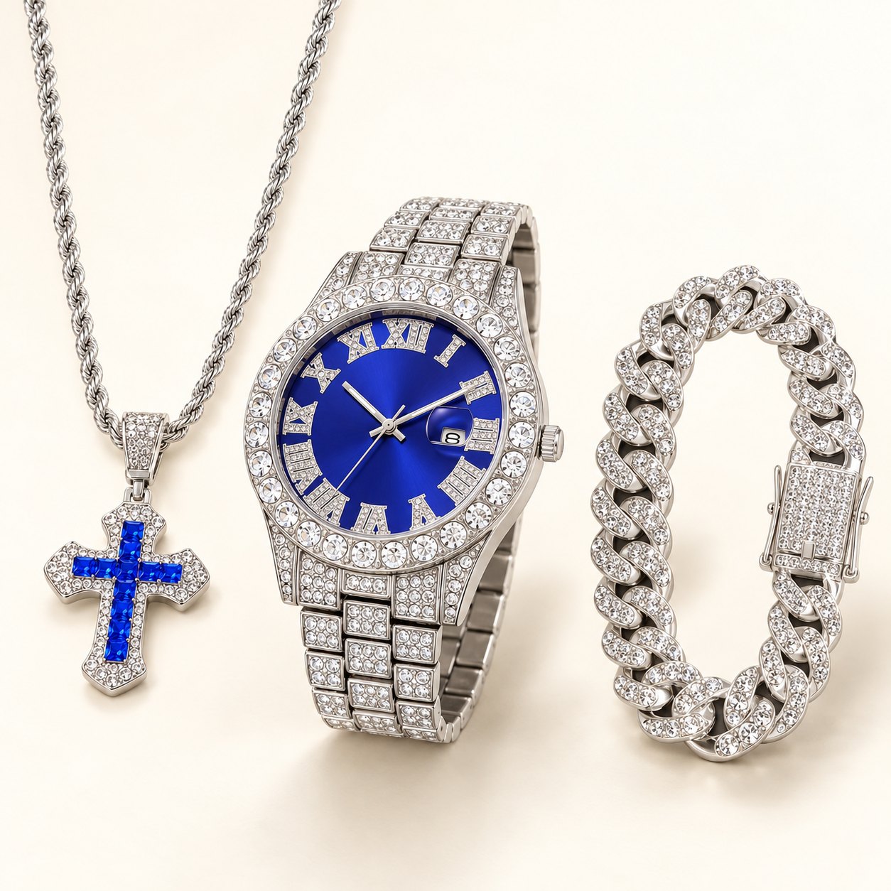 Iced out Uhr Set Herren in Silber: Uhr mit blauem Zifferblatt, Kreuz-Kette und Cuban Armband