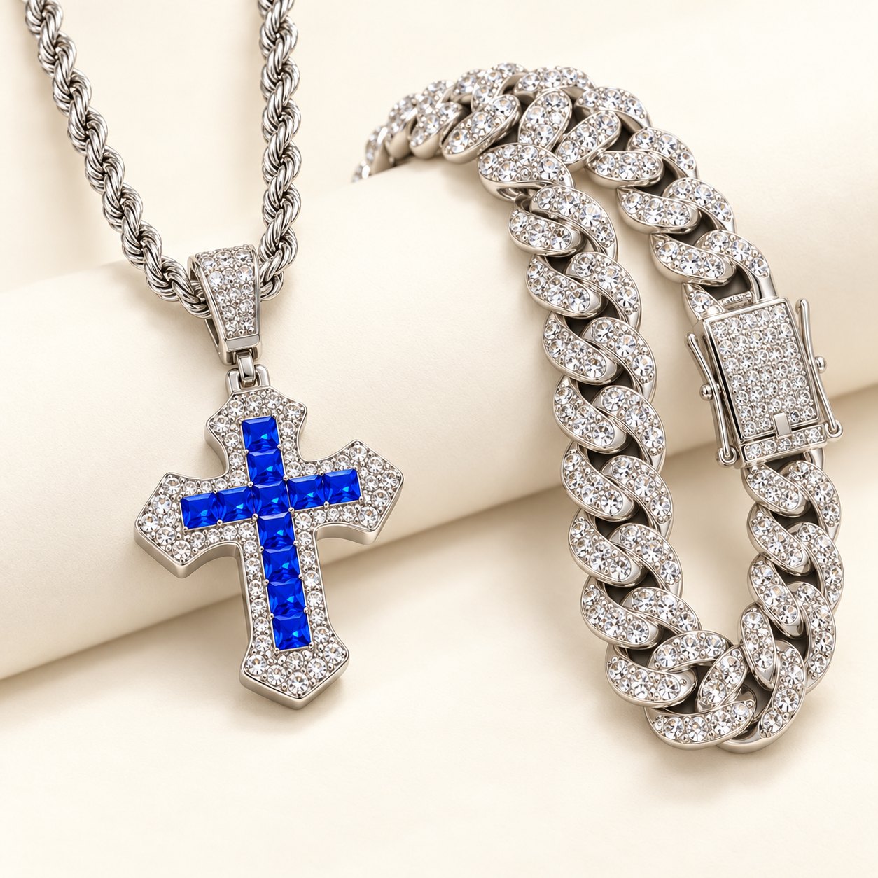 Iced out Uhr Set Herren mit Kreuz-Kette: Nahaufnahme von Armband und Kreuz-Anhänger
