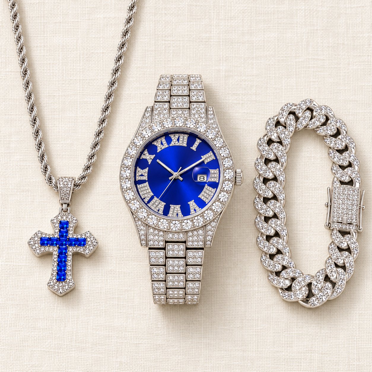 Iced out Uhr Set Herren mit Kreuz-Kette: alle Teile des Sets im Überblick