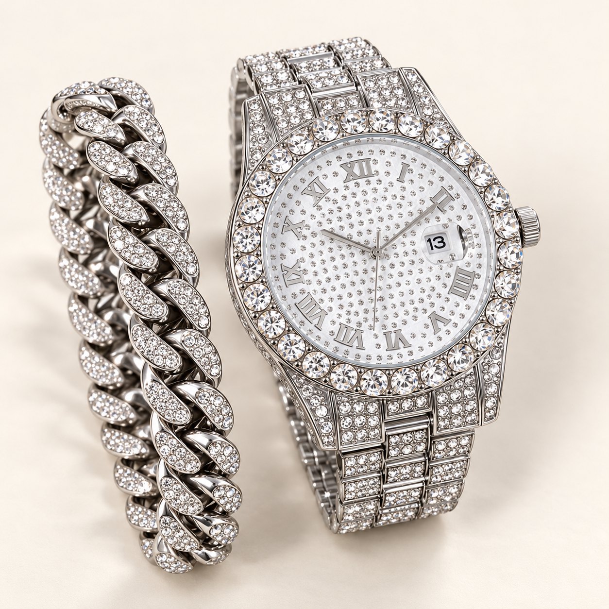 Iced out Uhr Set Herren: Uhr und Cuban Link Armband in Silber